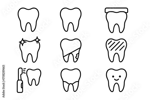 Teeth line icon bundle with dental care symbols, smile, toothbrush, shiny tooth, damaged tooth, dental restoration, perfect dental hygiene, vector cartoon illustration set