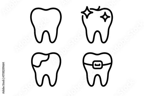 Modern Teeth Outline Icons Set, Dental Care Symbols, Clean Tooth, Tooth Decay, Shiny Healthy Tooth, Orthodontic Braces, Vector Dental Health Icons for Design, Apps, Cards, Social Media