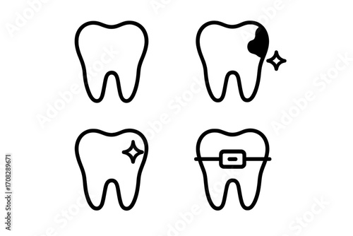 Modern outline style teeth icons set, dental care vector illustration, tooth with cavity, sparkling clean tooth, dental braces, oral health symbols for design, cards, apps, social media graphics