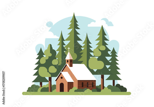 Flat style illustration of a wooden church surrounded by pine trees, symbolizing faith, spirituality, peace, and a rustic countryside place for worship, prayer, and community gatherings