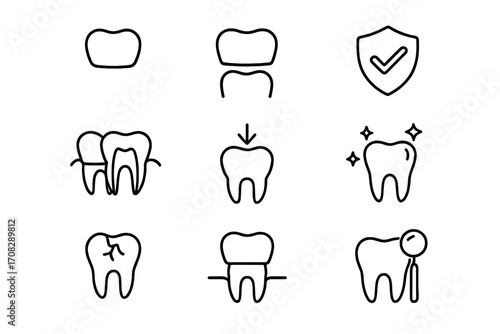 Dental Health Icon Set, Tooth Care Thin Line Icons, Oral Hygiene Symbols, Tooth Protection, Cavity, Tooth Filling, Bright Smile, Dental Checkup, Dental Crown, Vector Outline Design for Apps and Web