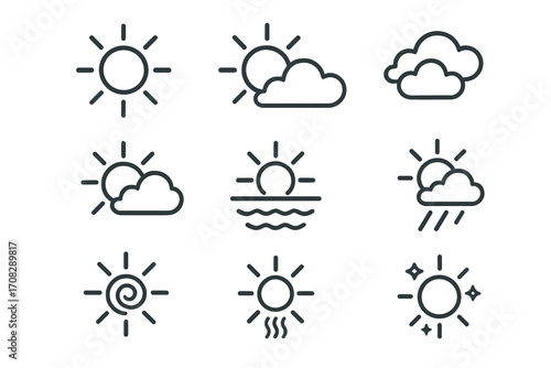 Weather icon set thin line design with editable stroke, sunny, partly cloudy, cloudy, sunset, rain, heat, sparkle sun symbols, vector cartoon illustration for web, apps, cards, books