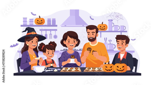 Halloween Baking Family: A happy family gathers in the kitchen to bake pumpkin-shaped cookies, bringing the spirit of Halloween to life with joy, togetherness, and delicious treats.