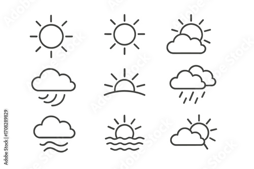 Water weather icon pack with thin editable stroke line art including sun, clouds, rain, wind, waves, sunrise and sunset symbols, vector cartoon illustration set for web and app design