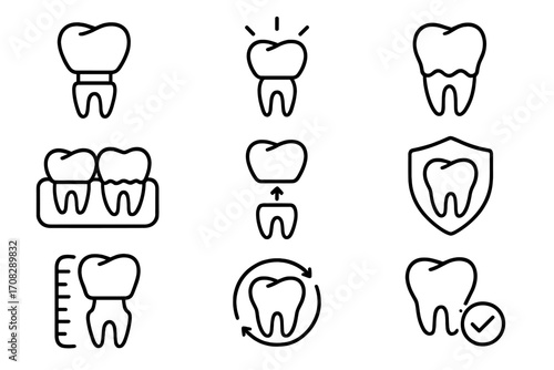 Dental health and care thin line icon set with tooth restoration, protection, measurement, replacement, and hygiene symbols for dental clinic, apps, and adverts