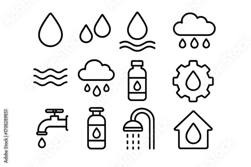 Water related icon set with editable stroke, vector cartoon illustration of drops, rain, shower, faucet, bottle, waves, gear, and house symbols for web, apps, books, cards