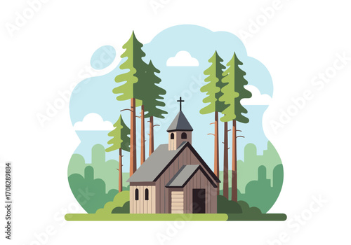 Flat style illustration of a wooden church surrounded by pine trees, symbolizing faith, spirituality, peace, and a rustic countryside place for worship, prayer, and community gatherings