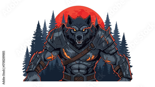 Enraged Warrior Wolf: A fierce, muscular wolf, radiating untamed power, is the embodiment of strength, set against the mysterious silhouette of a dark forest and a blood-red moon.