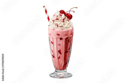 Cherry milkshake transparent PNG, isolated background. Whipped cream topping garnish, served in glass, striped straw, shake bar menu dessert