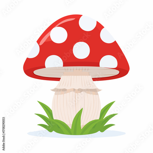 Cartoon illustration of a red mushroom with white dots, in the grass.