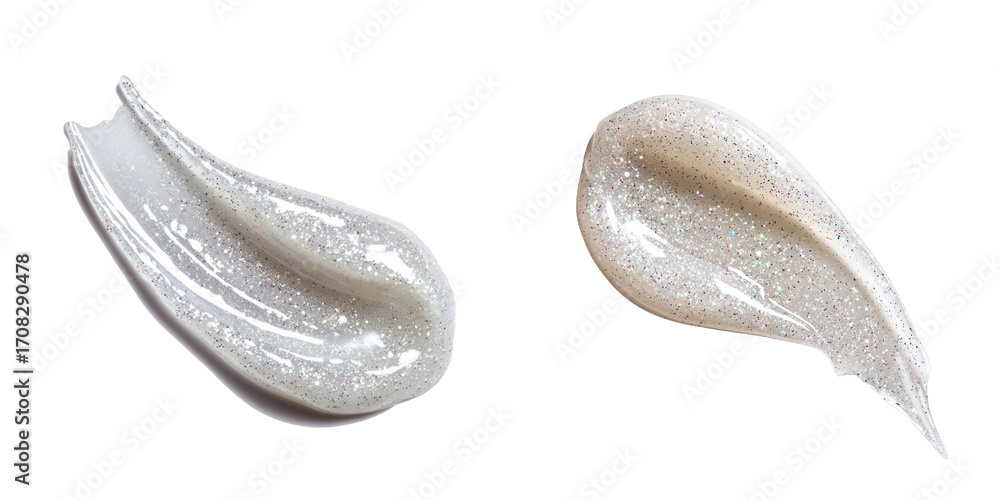 Obraz premium Creamy texture with shimmering glitter, showcasing two different shades of cosmetic product. glossy finish reflects light beautifully, ideal for enhancing beauty routines