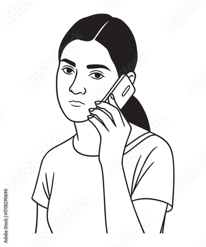 Young woman talking on mobile phone line art illustration.