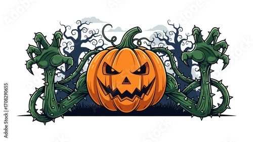 Spooky Pumpkin in the Dark Forest: A sinister pumpkin with glowing eyes and a carved grin, set against a backdrop of gnarled trees and grasping vines, radiates a palpable sense of Halloween dread.