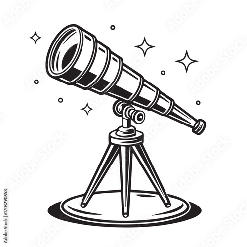 Vintage telescope on a tripod, isolated on white background, with stars symbolizing astronomy and discovery