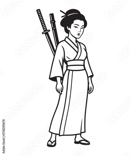 Samurai woman in kimono with swords black silhouette.