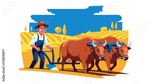 Farmer Plowing a Field with Oxen: A stylized illustration depicts a dedicated farmer guiding a team of oxen, meticulously plowing the fertile farmland under a bright blue sky.