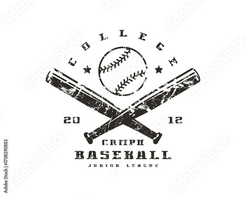 Distressed monochrome baseball emblem: crossed bats, ball, 