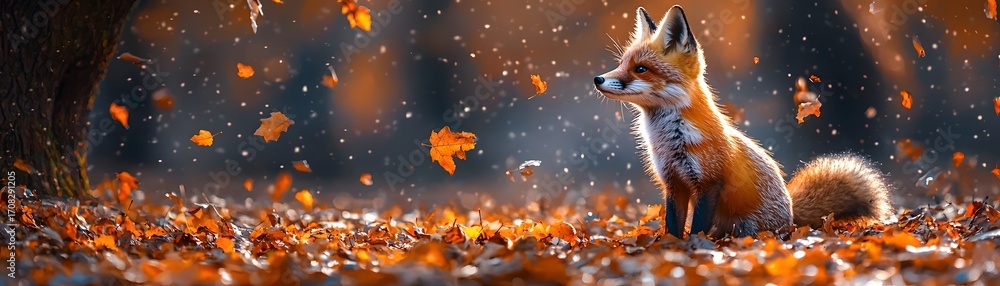 Fototapeta premium A young fox sits in a forest carpeted with vibrant autumn leaves with leaves falling through the air