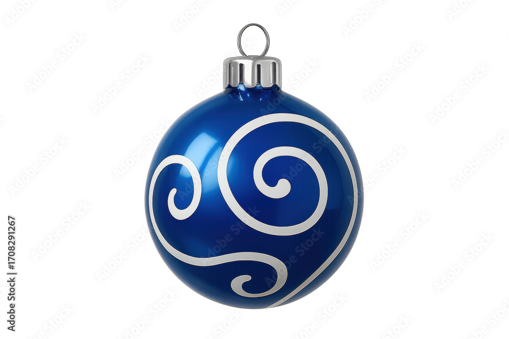 Fototapeta premium Blue christmas ball ornament hanging with white swirls on transparent background