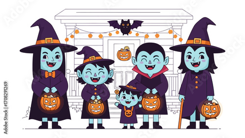 Happy Halloween Trick or Treaters: A charming Halloween illustration features joyful kids in costumes, each clutching a pumpkin-shaped candy bag, ready for trick-or-treating.