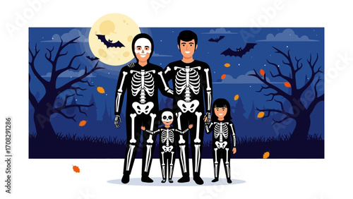 Spooky Family Halloween: A family, united in Halloween spirit, joyfully embraces the season by wearing skeleton costumes under the haunting glow of a moonlit sky.