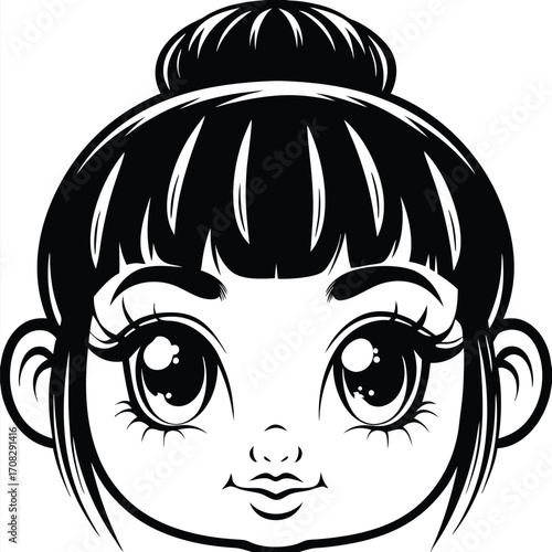 face of a girl with cute expressive eyes and a stylish hair bun