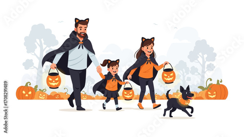 Spooky Family Halloween Adventure: A family dressed up for Halloween, and a cute dog with them are going trick or treat and the scene capture joyfulness, friendliness, and warmth. 
