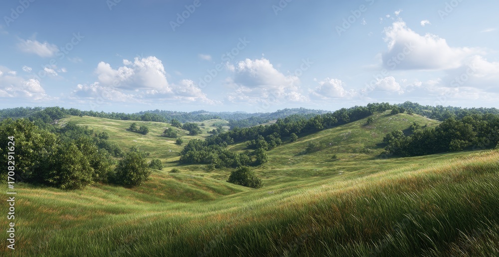 Naklejka premium Expansive grassy hills under a light, partly cloudy sky. Rolling terrain dotted with trees