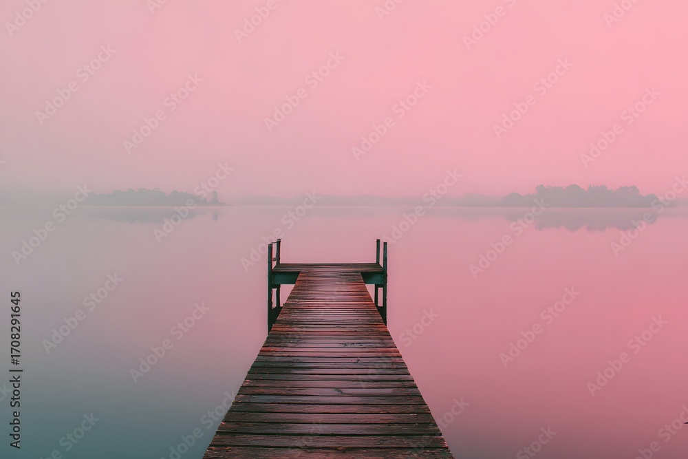 Fototapeta premium Wooden dock extending into pink misty lake water