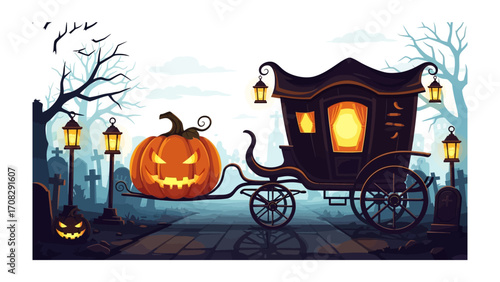 Enchanting Halloween Scene: A captivating Halloween-themed image showcasing a pumpkin carriage with a carved jack-o'-lantern amidst an eerie graveyard landscape.