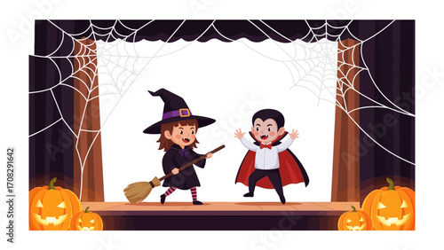 Halloween Play: A Halloween play with two children dressed as a witch and a vampire engaging in playful antics. A backdrop with cobwebs and pumpkins.