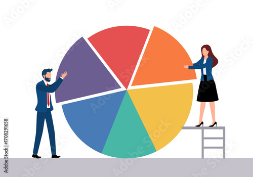 Market Share Vector Illustration Concept Showing a market share percentage using a pie chart, Suitable for landing page, ui, web, App intro card, editorial, flyer, and banner.