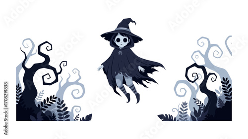 Enchanting Witch in Forest: An enchanting witch with dark cloak and hat floats gracefully among stylized forest trees, a perfect depiction of a magical Halloween celebration