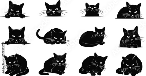 Collection of black cat silhouettes in various sitting, crouching, and lying poses, feline pet vector illustration design set for animal lovers