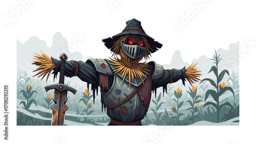 Scary Scarecrow Sentinel: A formidable scarecrow, equipped with a menacing mask, stands guard over a cornfield, exuding an eerie, uncanny aura. This guardian holds a medieval sword, ready to protect.