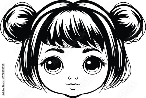 Cartoon girl's face with buns and big eyes stares straight ahead in black and white