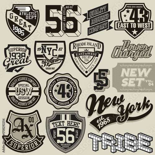 Assorted vintage-style emblem designs with shields, numbers, and text, predominantly in black, white, and gray, arranged on a neutral beige background, creating a nostalgic, graphic mood.