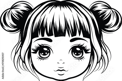 Close up of anime girl with a trendy double bun hairstyle in black and white