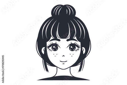 Dark haired cartoon woman exhibits bun hairstyle and has freckles on her face
