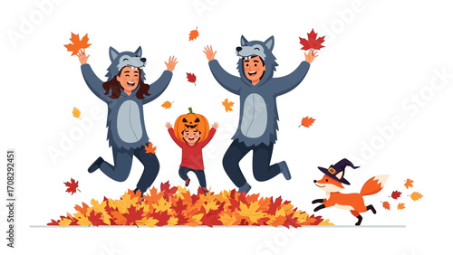 Autumn Family Fun: A cheerful family, adorned in whimsical costumes, revels in the vibrant embrace of autumn, amidst a vibrant tapestry of fallen leaves.