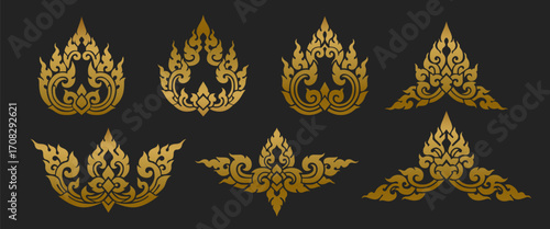 Set of Golden Kanok Ornaments, Luxury Thai Art Collection with Crests, Corners, and Dividers
