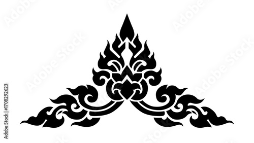 Traditional Thai Kanok Corner Element, Symmetrical Vintage Art Ornament for Frame and Tattoo Design