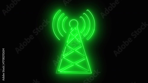 Glowing green neon radio tower icon with radiating signal waves on a black background, representing telecommunication and wireless technology