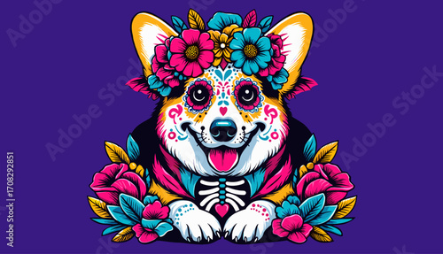 Corgi in Día de los Muertos attire with floral ornaments in pop art vector design