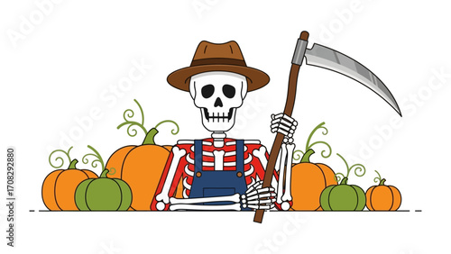 Grim Harvest: A skeletal figure stands amidst a vibrant harvest of pumpkins, gripping a formidable scythe, epitomizing the spirit of autumn. A stylized illustration