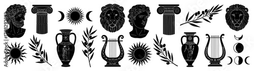 Ancient Greek Vector Set with Busts Columns Laurel and Lyre