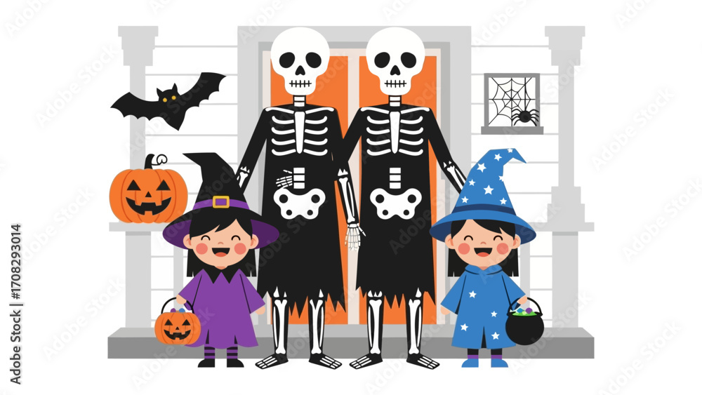 Fototapeta premium Halloween Fantasy: An enchanting Halloween scene featuring children dressed in playful costumes and whimsical skeleton figures ready to bring spooky Halloween magic.