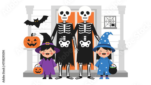 Halloween Fantasy: An enchanting Halloween scene featuring children dressed in playful costumes and whimsical skeleton figures ready to bring spooky Halloween magic.