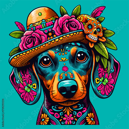 Dachshund with floral skull decorations and tiny sombrero in retro pop art vector design