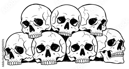 Hand Drawn Vector Illustration of a Pile of Human Skulls